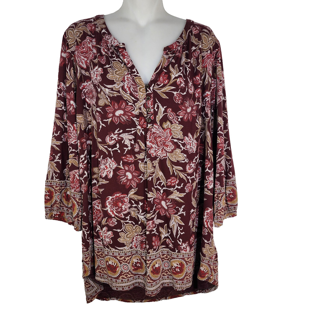Lucky Brand Top Size 2X Womens Burgundy Floral Print Blouse Boho V Neck Border